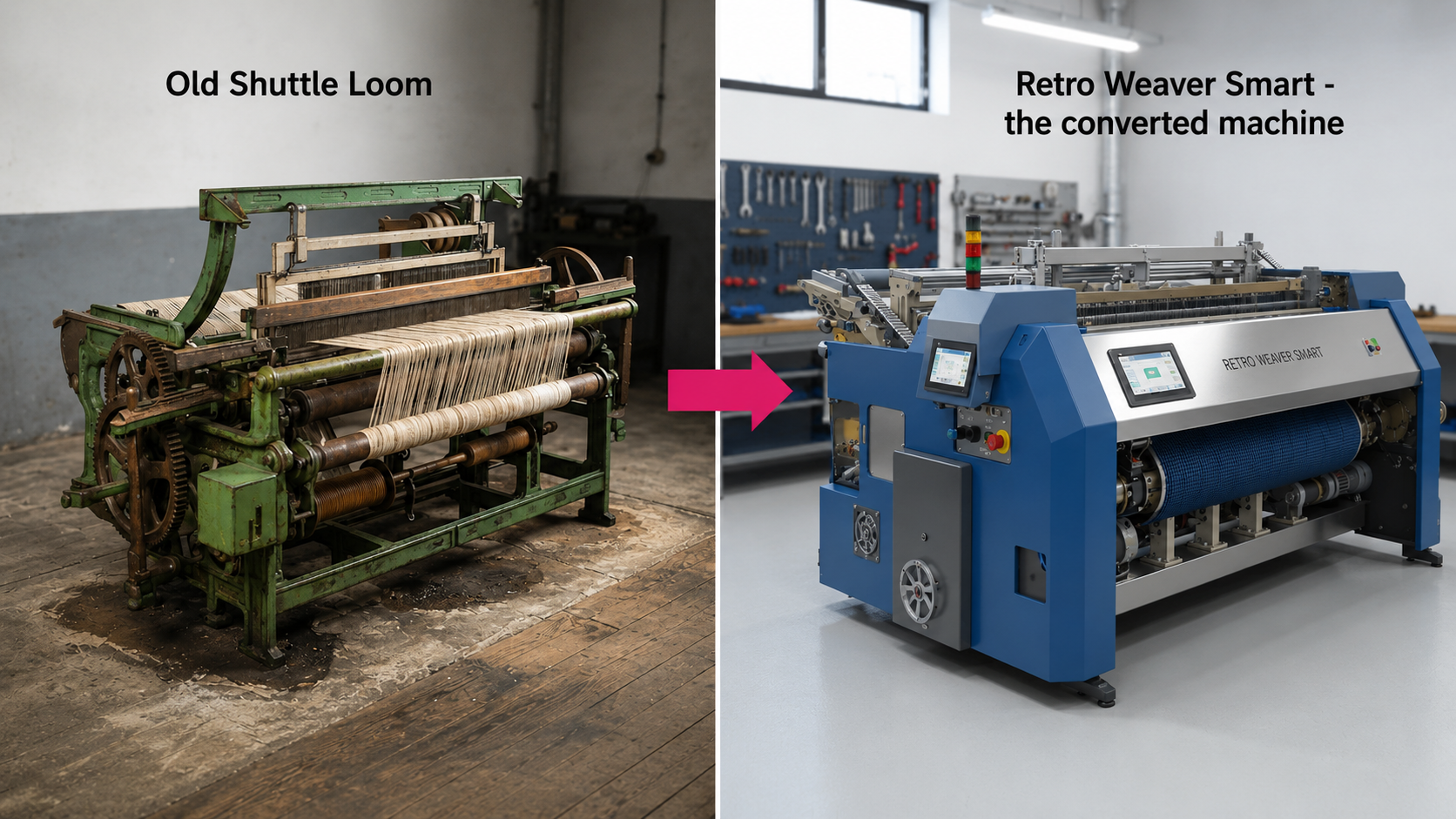 Conventional loom frame re-engineered into the RETRO RAPIER smart weaving machine